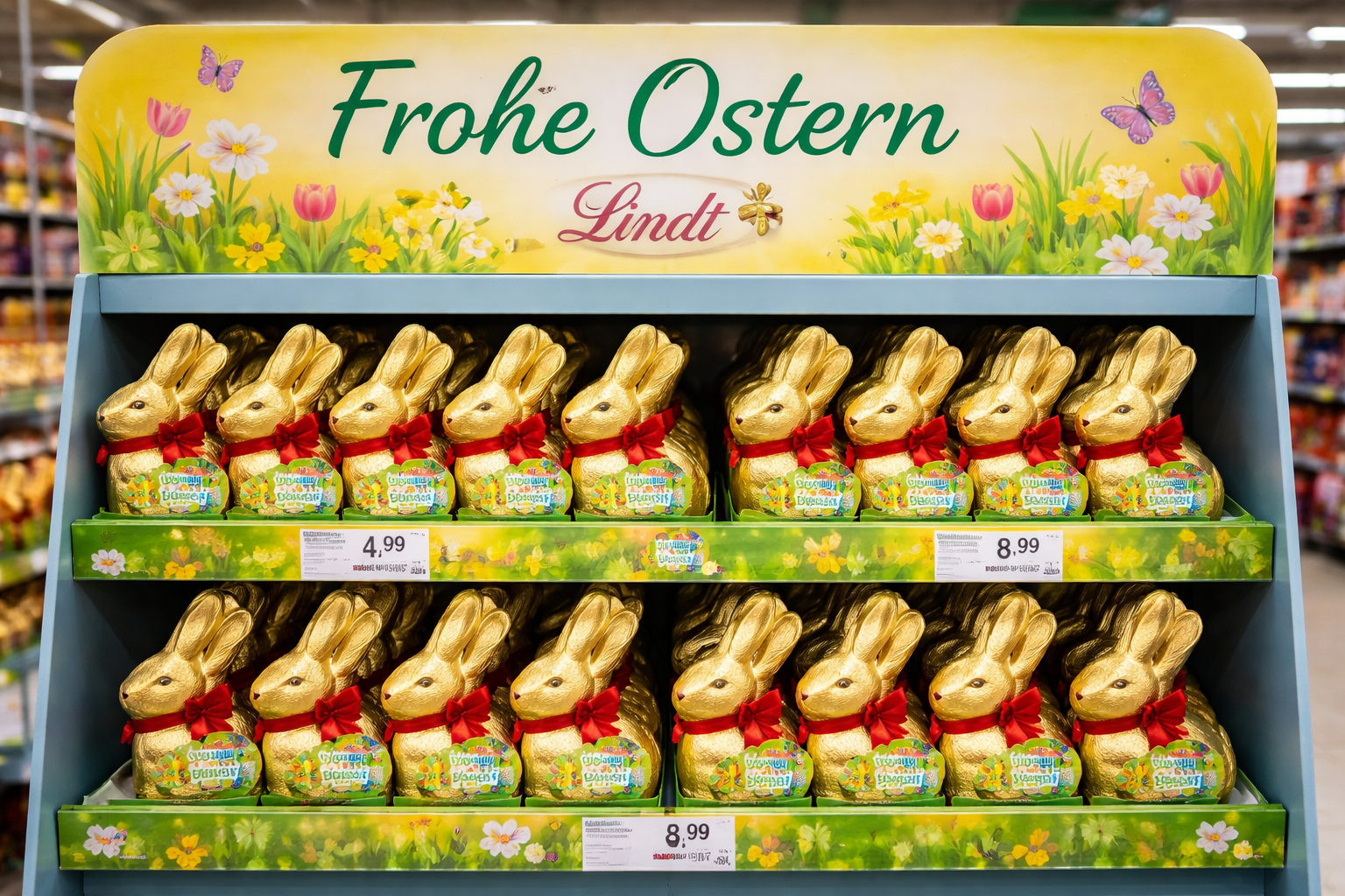 Osteraufsteller mit deutschem Werbetext und englischer Produktbeschriftung als Symbolbild für Marketing und Sprachmischung im Handel