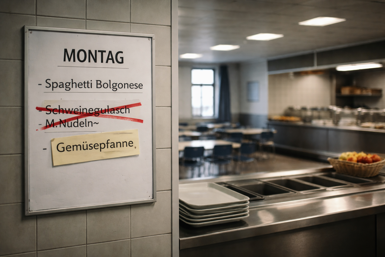 Leere Schulkantine mit geänderten Menüplan als Symbolbild für Schulalltag und kulturelle Verschiebung