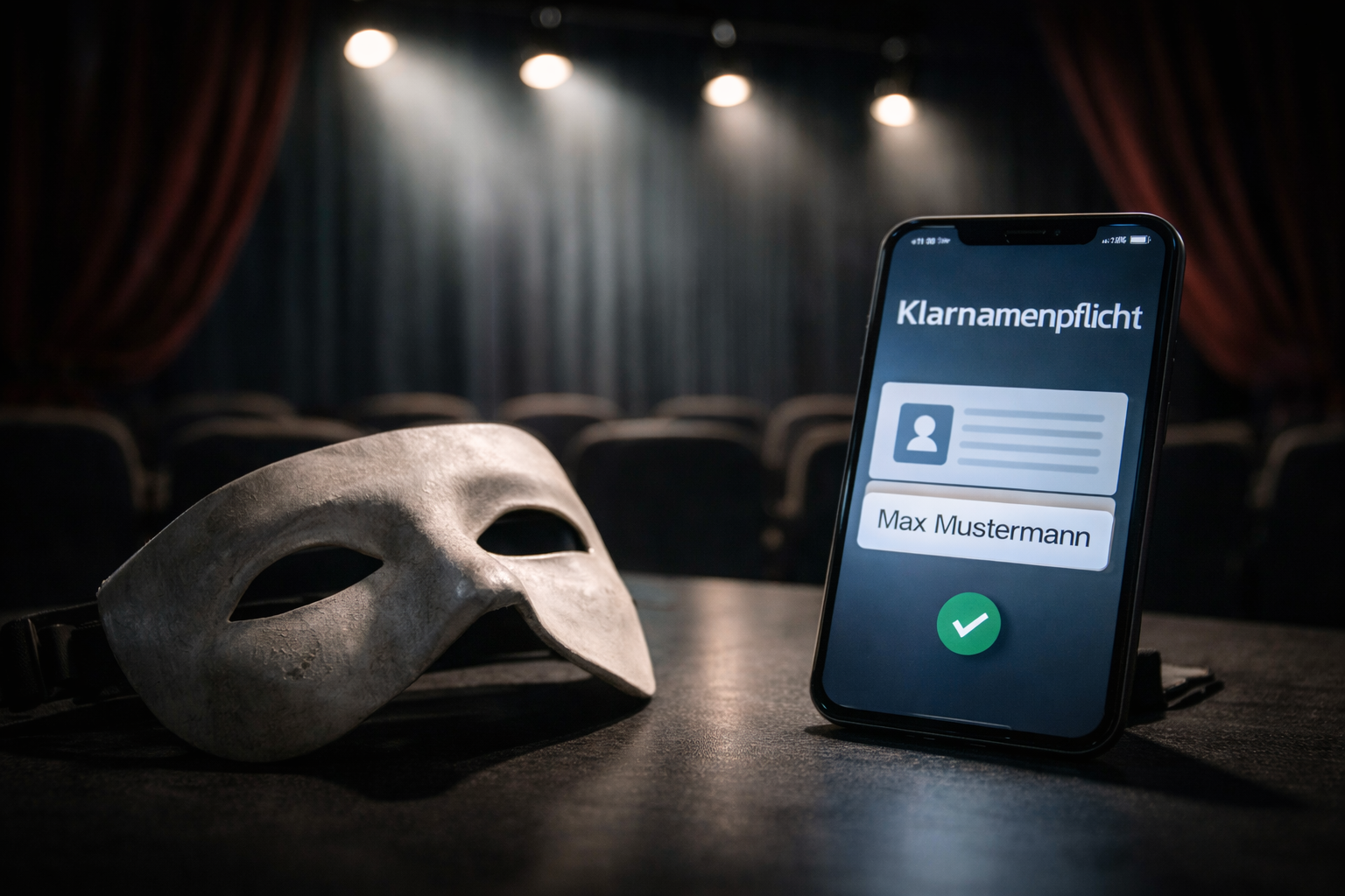 Theatermaske und digitale Identitätsprüfung als Symbolbild für Klarnamenpflicht und Netz-Kontrolle