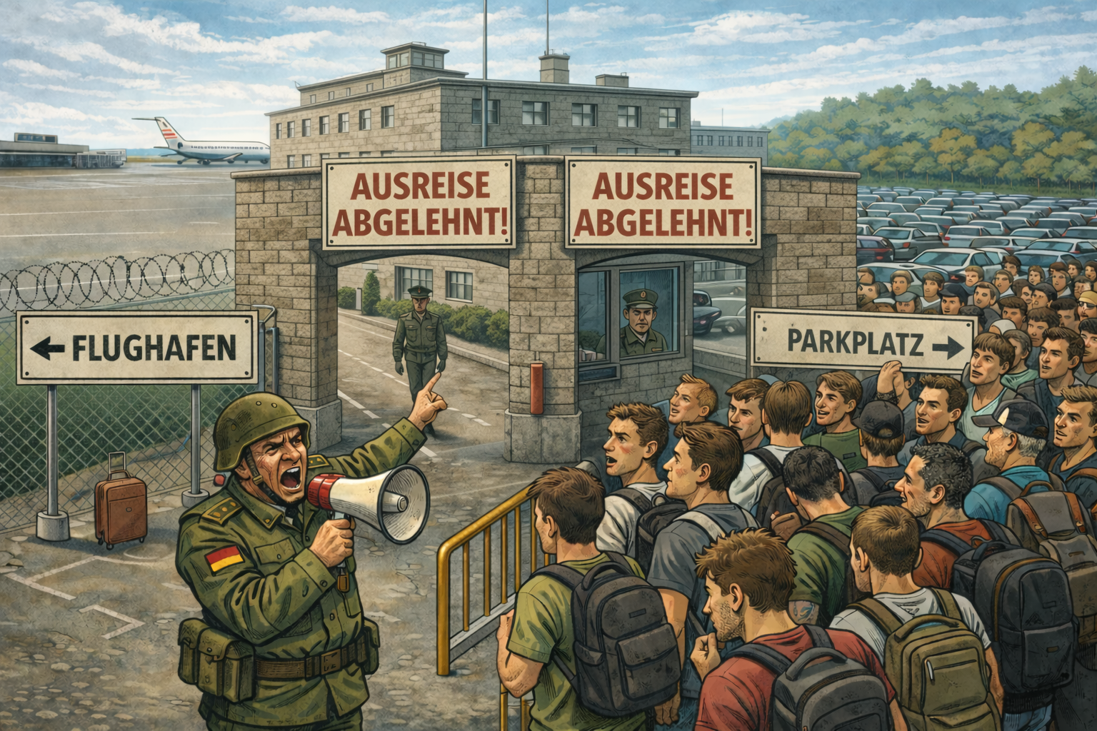 Satirische Illustration zur Ausreisegenehmigung und Wehrpflicht