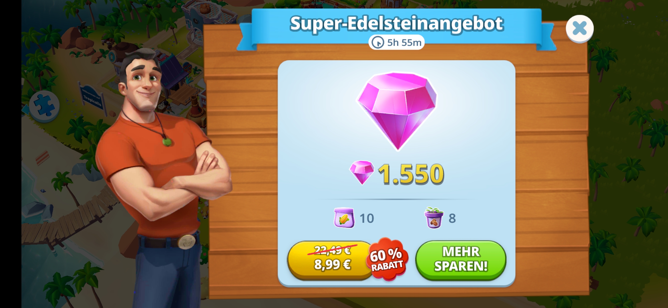 Sunshine Island Angebotsbildschirm mit Sparschwein