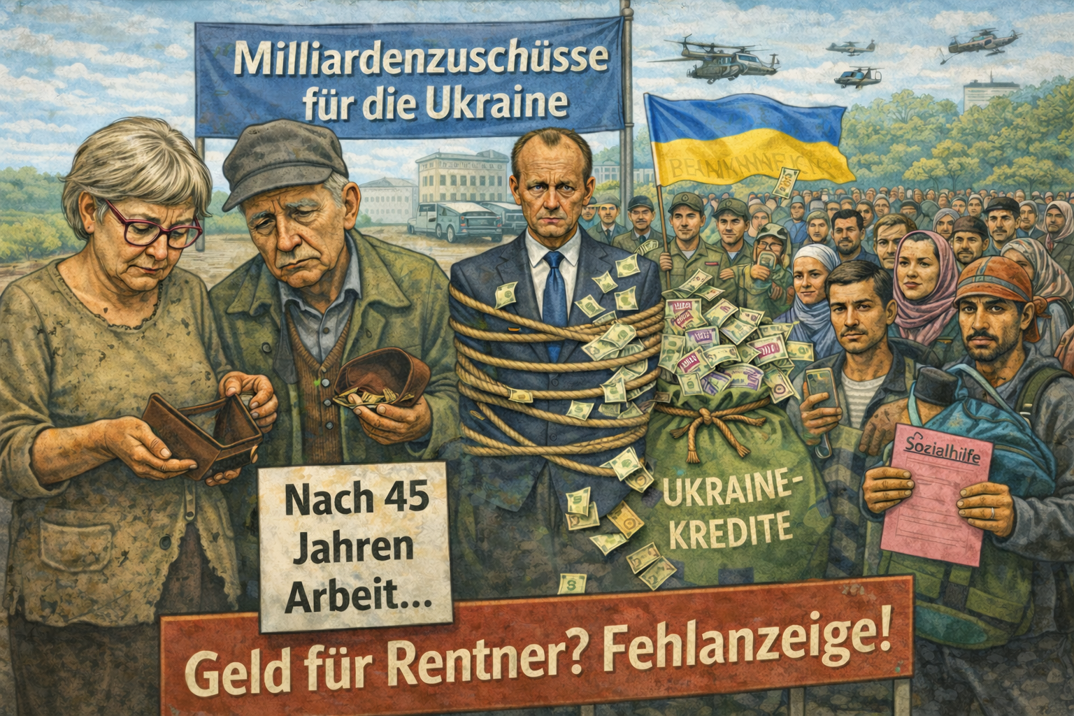 Satirische Illustration zu Friedrich Merz und politischen Belastungsversprechen